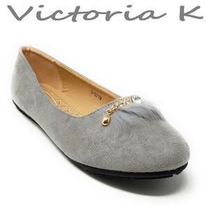 Feather Embellished Buckle Flats, B2719 Lt Grey